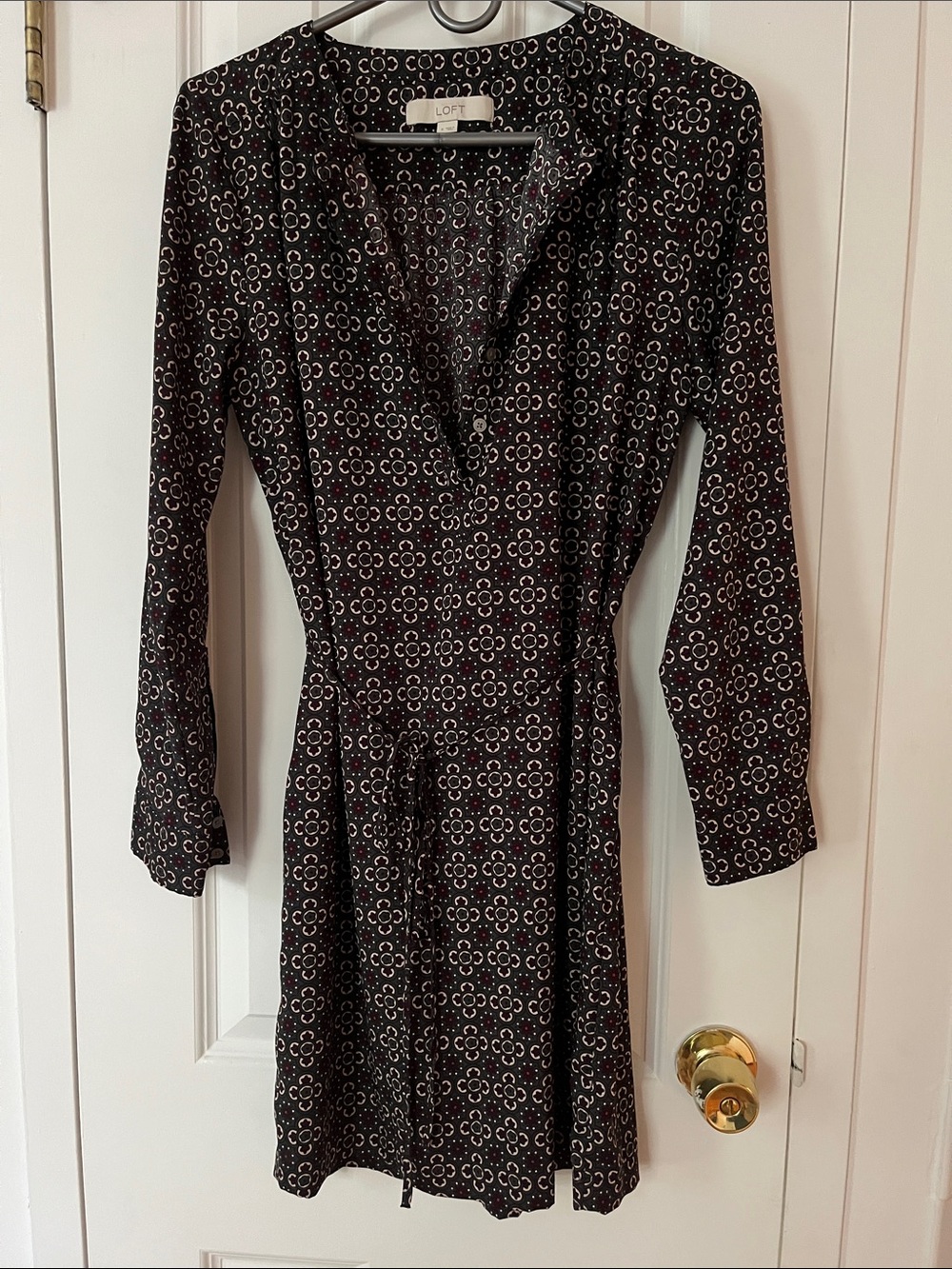 LOFT Long Sleeve Printed Tie-Waist Shirt Dress
